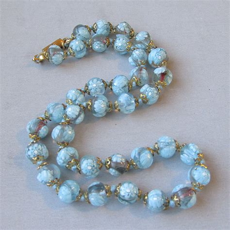 1950s Vintage Venetian Blue Millefiori Glass Bead Necklace From