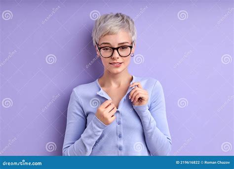 Short Haired Woman Taking Shirt Off Looking Sensual Seduces Someone Stock Photo Image Of