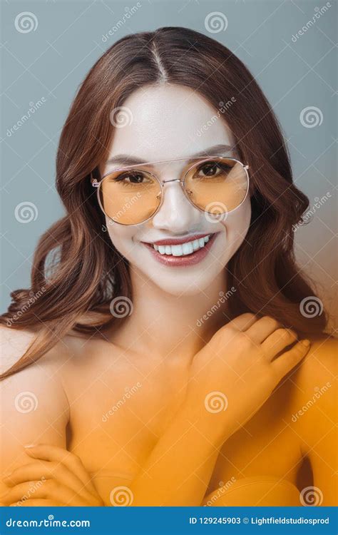 Cheerful Girl Posing In Yellow Sunglasses Stock Image Image Of Modeling Styling