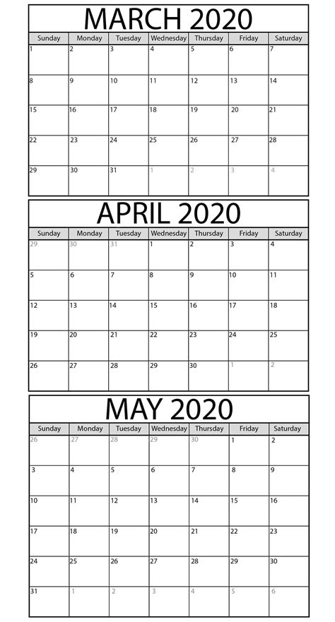 Printable March To May 2020 Calendar Templates 2019