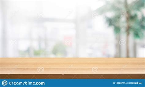 Wood Table Top On Blur White Glass Wall Background Form Office Building
