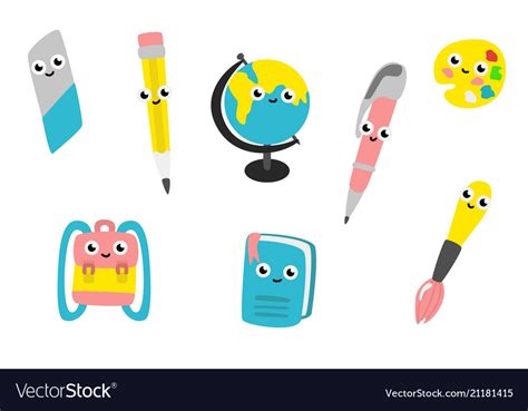 Cartoon Cute School Supplies Characters Set Vector Image