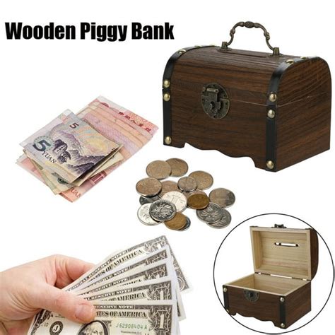 Retro Wooden Treasure Chest Storage Box Wooden Money Storage Box Bank