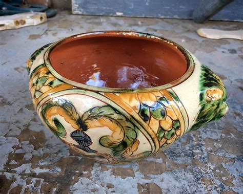 Vintage Italian Art Pottery Lidded Jar Or Urn With Face Handles Signed