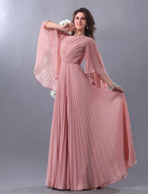 Blush Pink Evening Dress Chiffon Bell Sleeve Formal Dress Pleated V Back Floor Length Prom Dress
