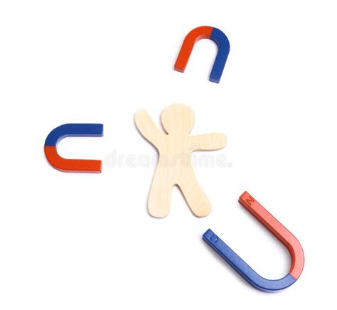 Red And Blue Horseshoe Magnets With Wooden Human Figure On White
