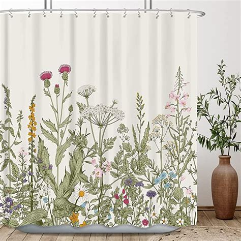 Riyidecor Fabric Wildflower Botanical Shower Curtain For Bathroom Decor