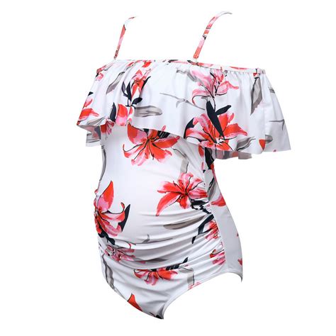 2019 New Pregnant Maternity Sling Swimwear Bikini Set Ruffled Flower Print Stripe Beachwear