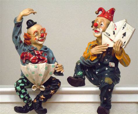 Vintage 60s Pair Of Shelf Sitting Clown Figurines Colorful