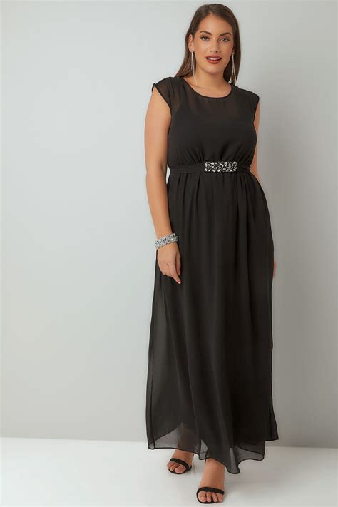 Black Chiffon Maxi Dress With Embellished Tie Waist And Split Back Plus Size 16 To 32