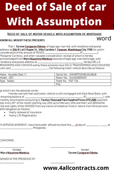 A Car Sale Agreement With The Words Used Off Sale Of Car With Asymption
