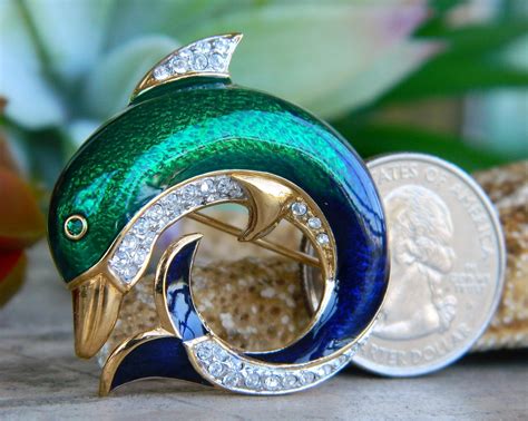 Vintage Dolphin Brooch Pin Attwood Sawyer Enamel Rhinestones Signed Brooches And Pins