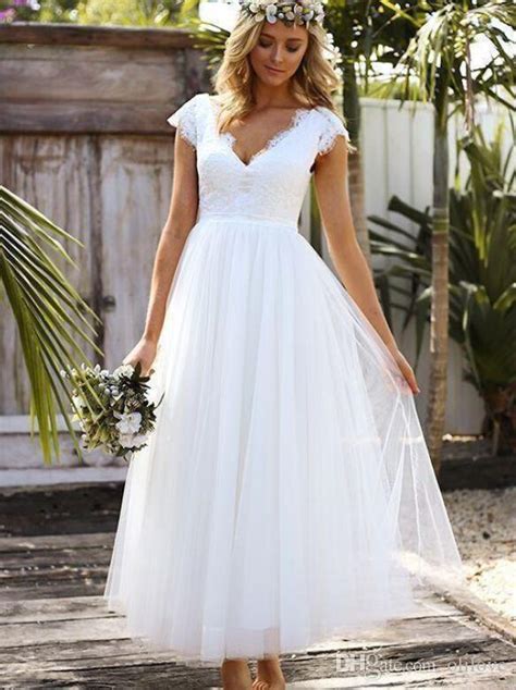 Vintage White Color Tea Length Wedding Dresses Lace Tulle Modest Cap