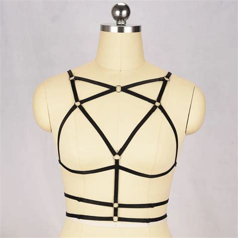 Womens Fashion Pentagram Harness Open Chest Cage Bra Harajuku Body Harness Sexy Cupless Bra