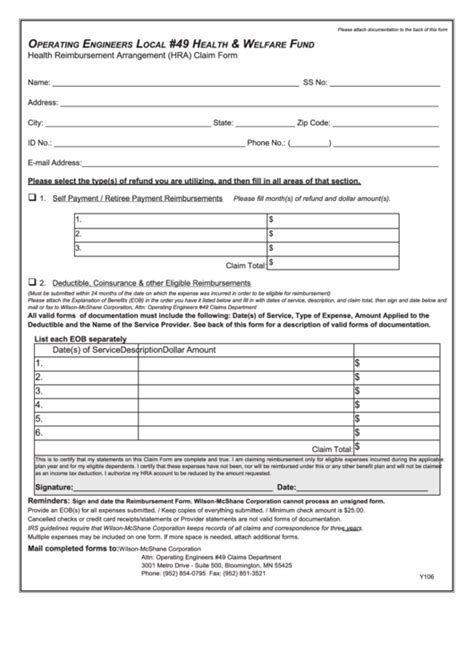Y106 Health Reimbursement Arrangement Hra Claim Form Printable Pdf