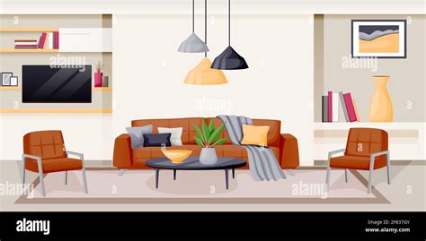 Modern Living Room Interior Vector Flat Cartoon Illustration House