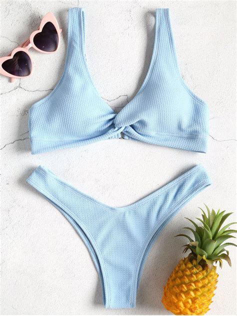 [59 off] [popular] 2020 low rise textured twist bikini set in light sky blue zaful