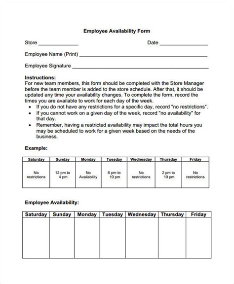 Free 15 Employee Availability Forms In Pdf Ms Word