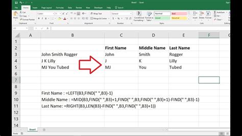 How To Separate First Middle Last Name In Ms Excel 2003 2016 Youtube