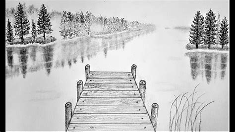 How To Draw A Dock In 1 Point Perspective In Misty Lake Landscape Youtube