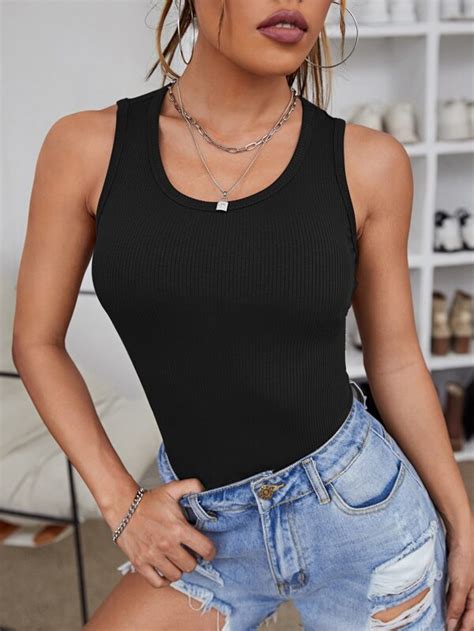 Shein Unity Rib Knit From Fitted Tank Top Shein Usa