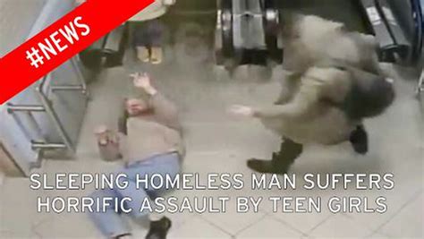 sickening video shows moment teenage girls attack a homeless man as he sleeps mirror online