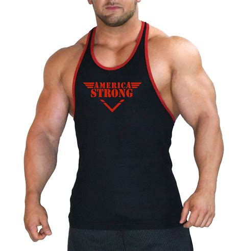 Stringer Tank Top In Black With Red Trim With America Strong Design
