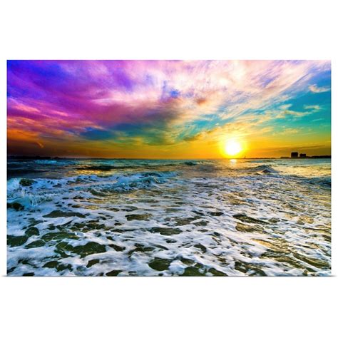 Purple Cloud Sunset Checkered Sea Surf White Foam Poster