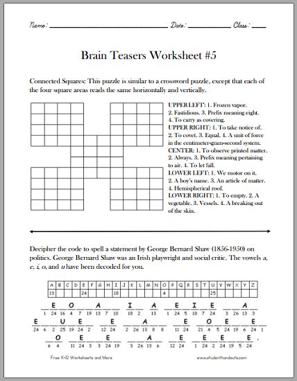 Brain Teasers Worksheet 6 Student Handouts Brain Teasers Worksheet 5