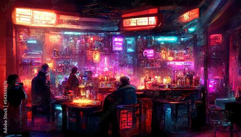 Futuristic Cyberpunk Bar Or Night Club Interior Gen Art Stock