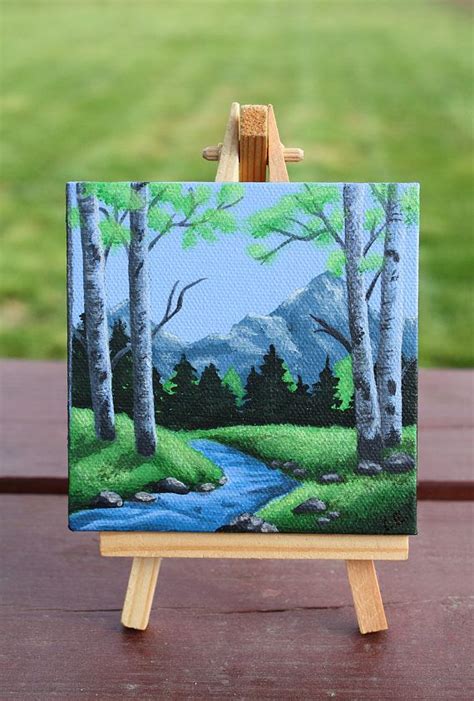 Along The Stream Mini Acrylic Painting 4 X 4 Mini Stretched Canvas