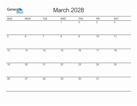 Printable March 2028 Monthly Calendar Sunday Start