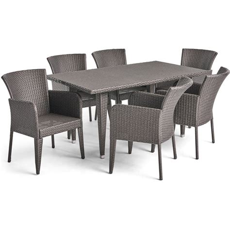 Noble House Anaya 7 Piece Wicker Patio Dining Set In Gray