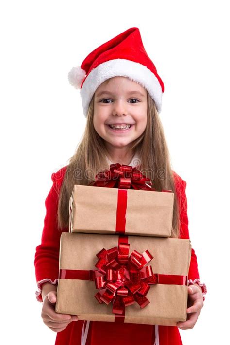 Cheered And Happy Christmas Girl Holding Two T Boxes In The Hands
