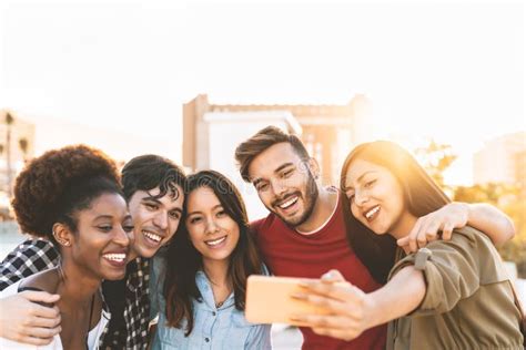 Group Multiracial Friends Taking Selfie With Mobile Smartphone Outdoor Happy Mixed Race People