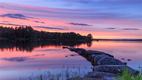 Download Wallpaper 3840x2160 Lake Stones Sunset Trees Reflection 4k