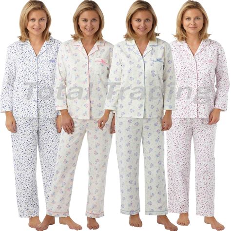 Ladies Traditional Brushed Cotton Pyjamas Flannel Set Floral Pjs Long