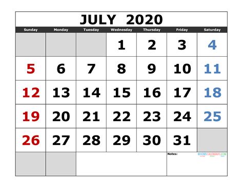 July 2020 Printable Calendar Template Excel Pdf Image Us Edition