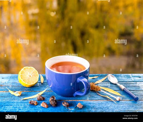 Cup Of Tea With Autumn Leaves Still Life Stock Photo Alamy