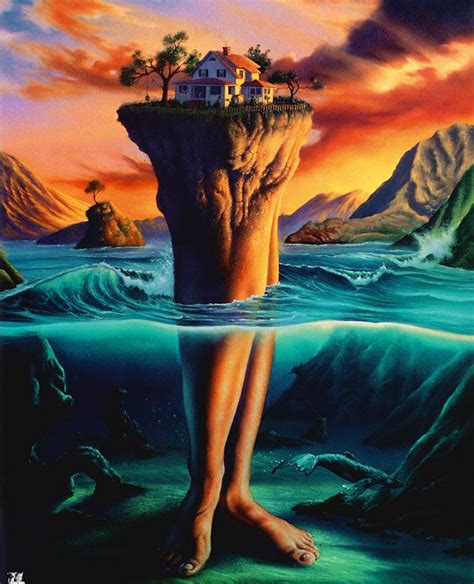 A Painting Of A Person Standing In The Water With An Island On Their Head And House Above Them