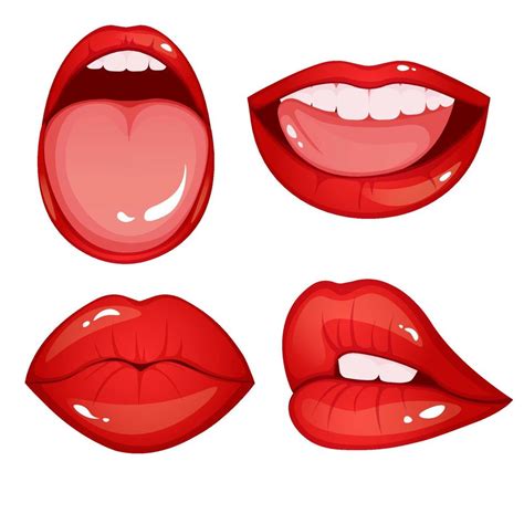 Cartoon Style Woman Red Lips Set Vector Illustration Isolated On White