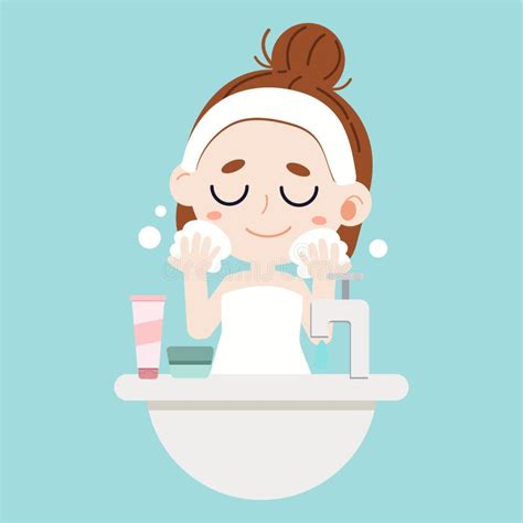 A Cute Character Cartoon Girl Washing Face On Blue Background 向量例证 插画
