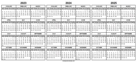 Free Calendar 2023 2024 2025 Template Printable 3 Year Calendar