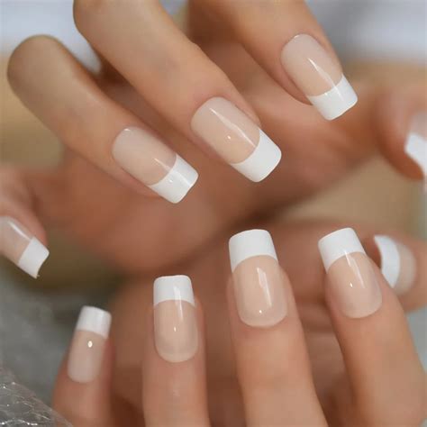 Pearl Shine Glossy Fake Nails Shimmer White Square Ombre French Nail