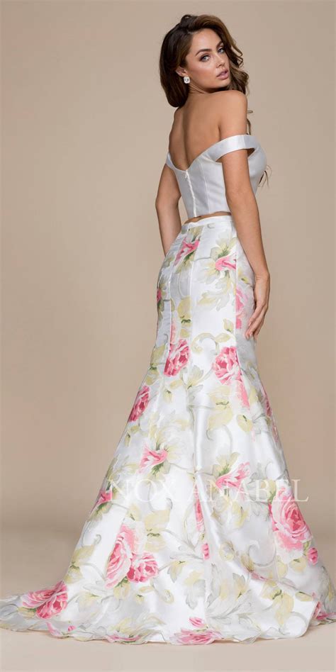 If you're in need of some options flower power. Two Piece Prom Gown Off Shoulder White Top Floral Print ...
