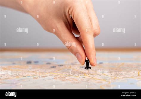 Hand Pushing Pin On Map Trip Planning Woman Marking Travel