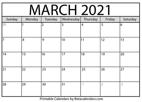 March 2021 Calendar Blank Printable Monthly Calendars