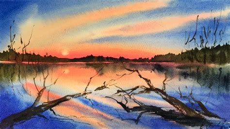 Watercolor Soft Sunset Lake Reflection Demonstration Youtube