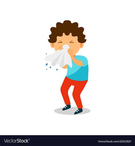 Boy Blowing Her Nose With A Tissue Kid Caught Vector Image