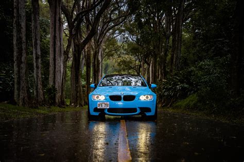 Wallpaper Bmw 5 Bmw Front View Car Blue Forest Road Rain Hd